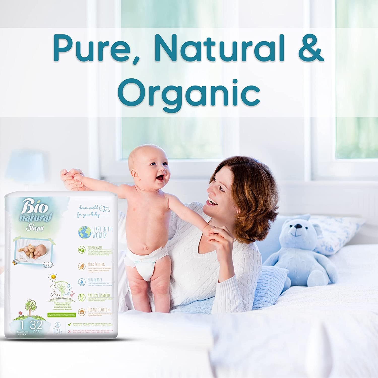 251118062647712_1 Bio-Natural Sleepy Baby Diapers, Made from Organic Cotton and Bamboo Extract, Ultimate Comfort and Dryness, Wetness Indicator, Comes with The Baby Wipes, (1 New Born 4-11 Lbs Count- 32 PCs)|SOHO - Image 1